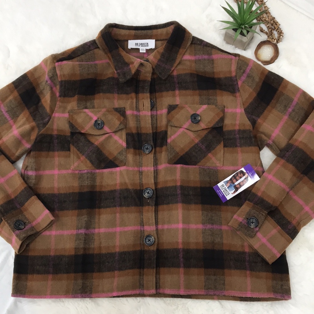 BB Dakota Steve Madden Brown & Pink Plaid Boxy Shacket Jacket